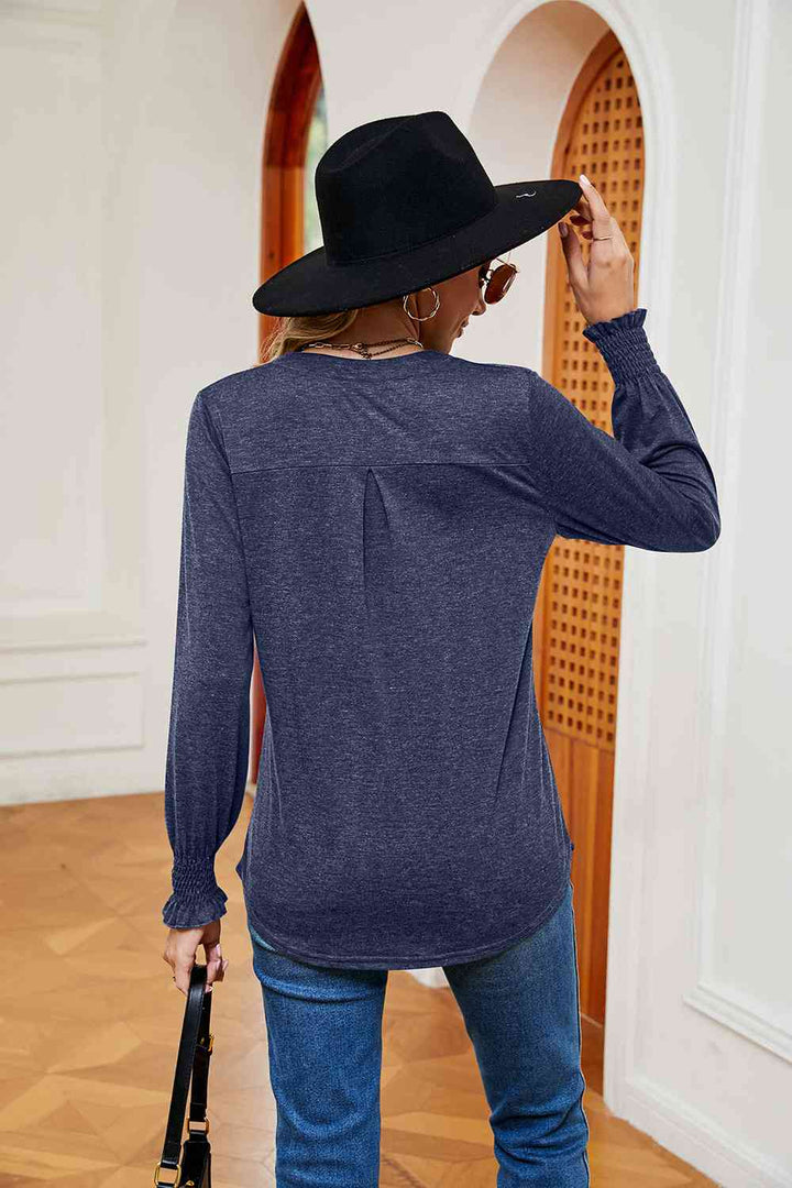 Notched Neck Long Sleeve Blouse | 1mrk.com