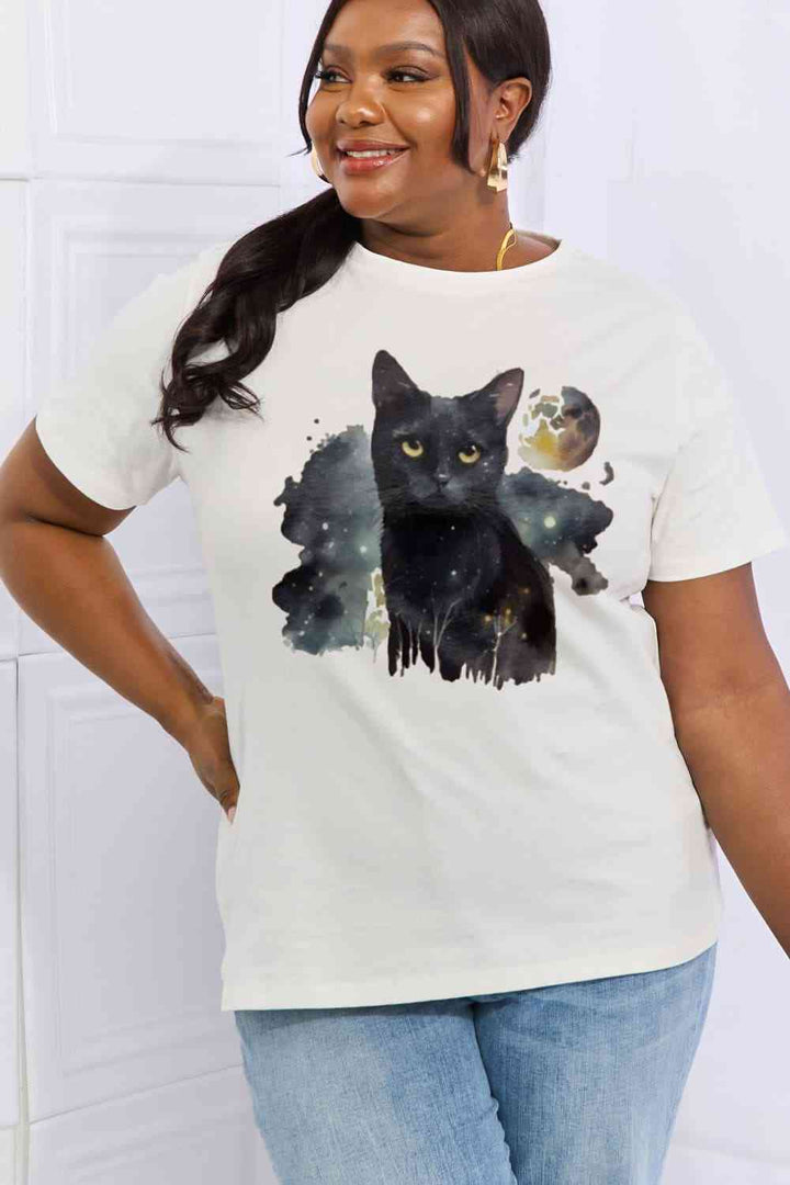 Simply Love Full Size Black Cat Graphic Cotton Tee | 1mrk.com