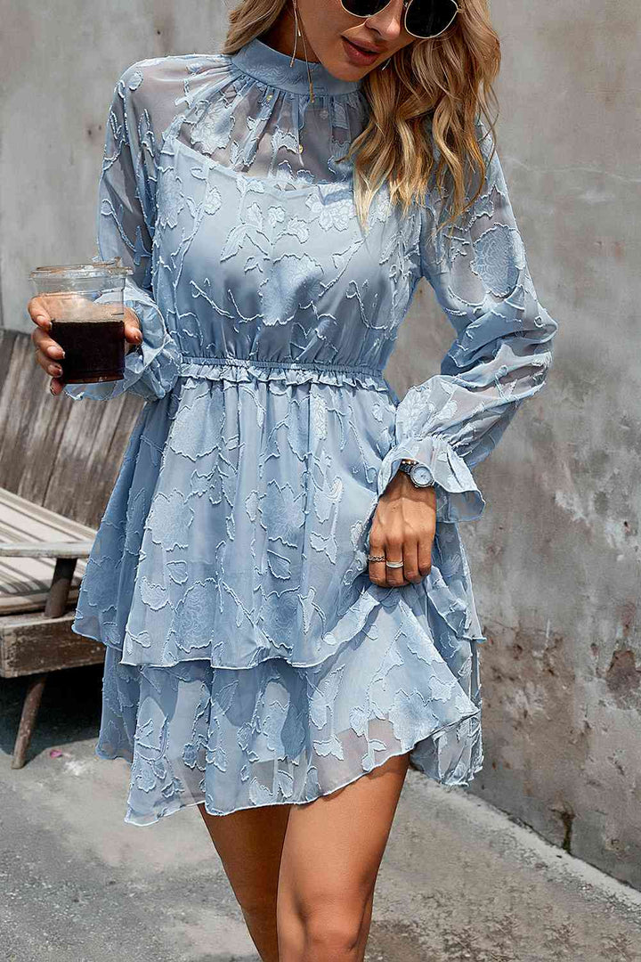 Mock Neck Flounce Sleeve Layered Dress |1mrk.com