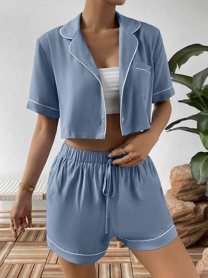 Contrast Lapel Collar Cropped Shirt and Shorts Lounge Set | 1mrk.com