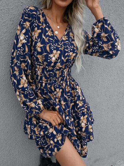 Floral Layered Surplice Balloon Sleeve Dress |1mrk.com