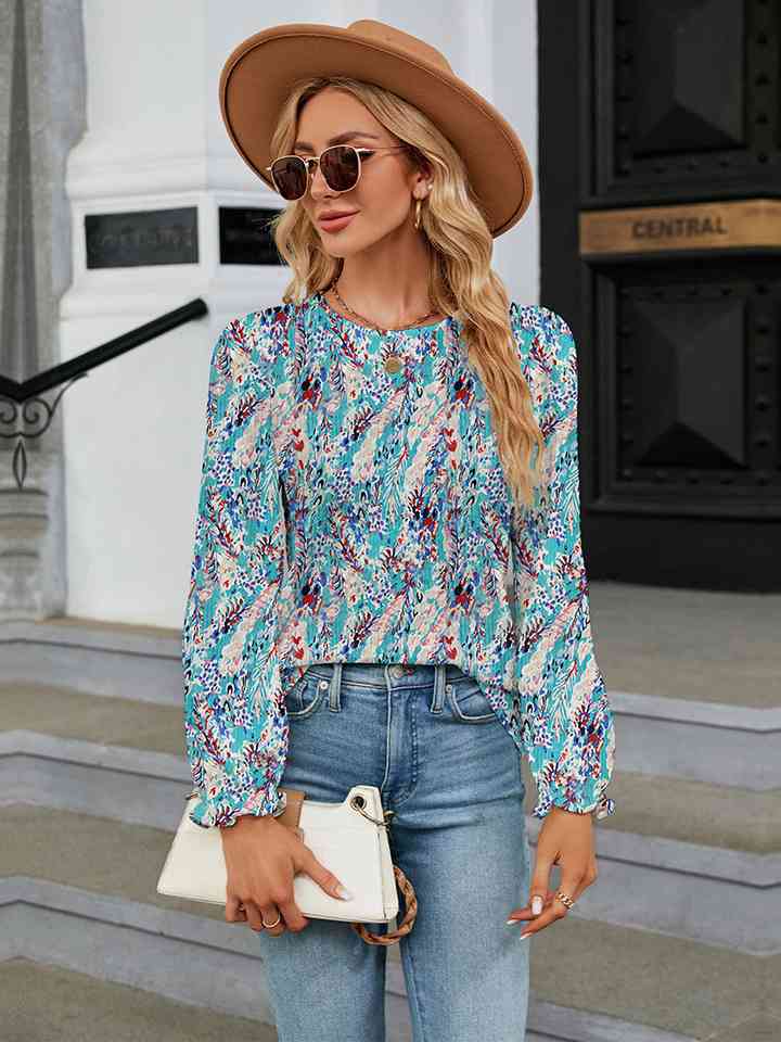 Printed Round Neck Flounce Sleeve Blouse | 1mrk.com