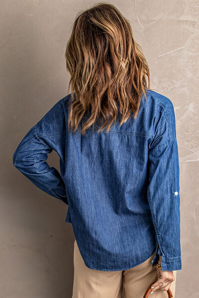 Pocketed Button Up Collared Neck Denim Top | 1mrk.com