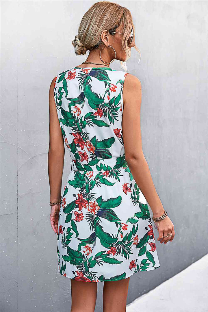 Printed Zip Detail Belted Sleeveless Dress |1mrk.com