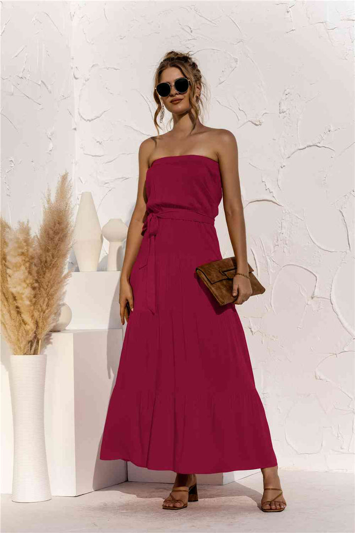 Strapless Tie Waist Tiered Maxi Dress |1mrk.com