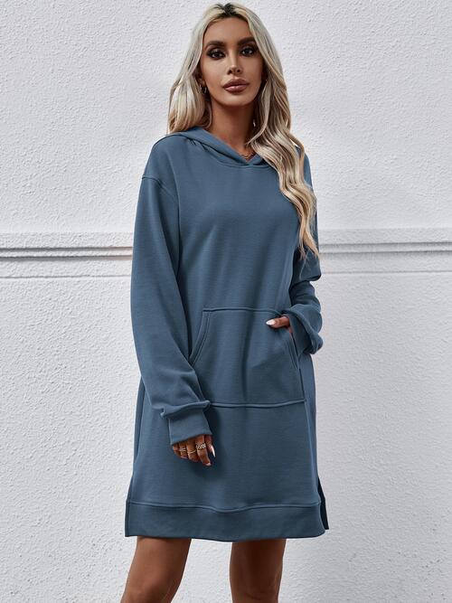 Slit Long Sleeve Hooded Dress with Pocket | 1mrk.com