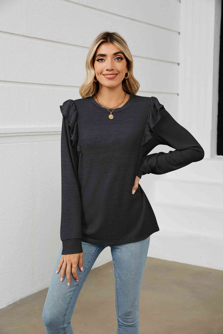 Ruffle Shoulder Long Sleeve T-Shirt | 1mrk.com