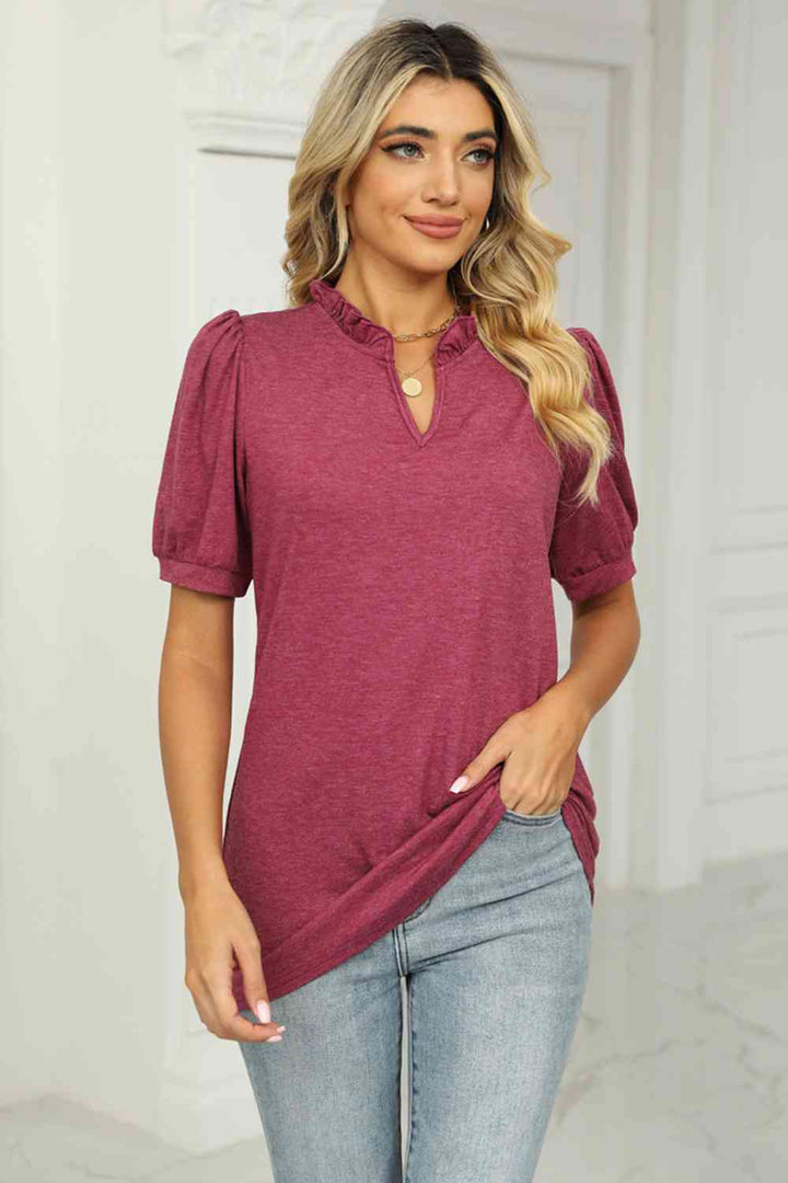 Notched Neck Puff Sleeve T-Shirt | 1mrk.com