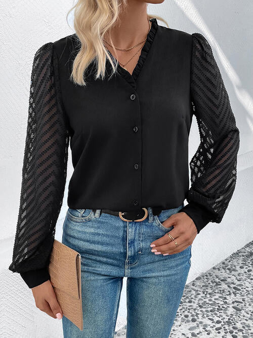 Mesh V-Neck Button Front Blouse | 1mrk.com