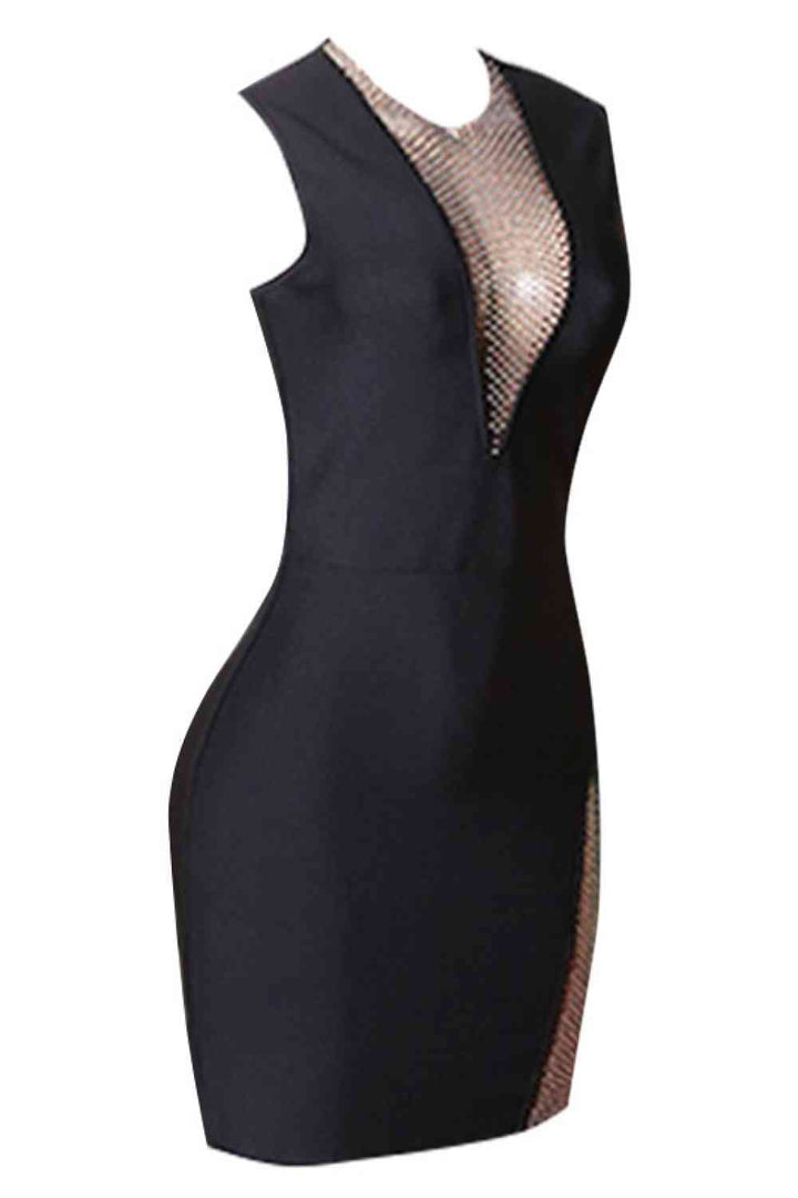 Rhinestone Detail Spliced Mesh Sleeveless Dress | 1mrk.com
