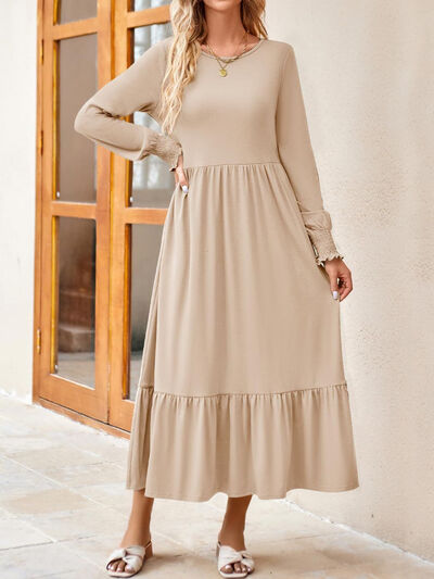 Round Neck Lantern Sleeve Ruffle Hem Dress | 1mrk.com