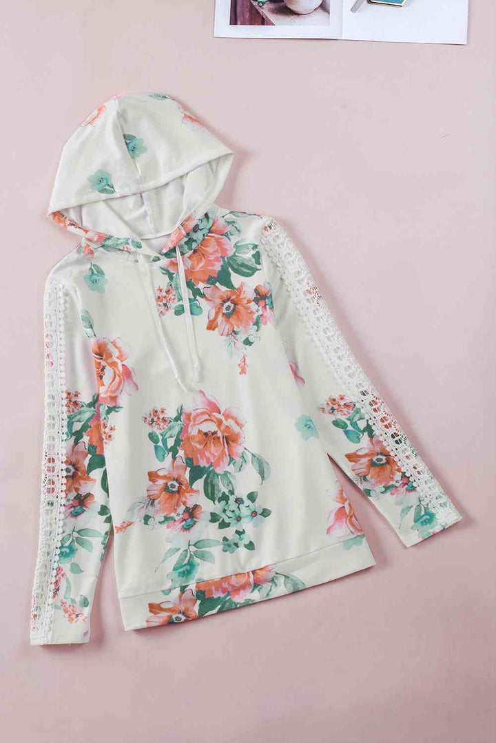 Floral Lace Trim Drawstring Hoodie | 1mrk.com