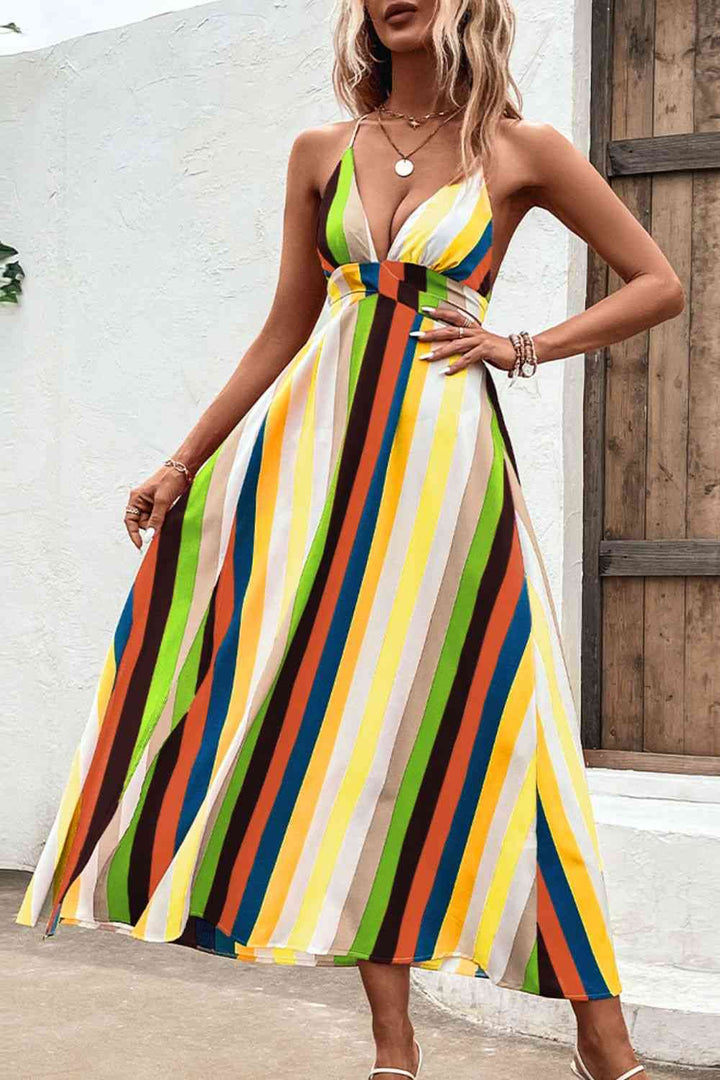 Multicolored Stripe Crisscross Backless Dress |1mrk.com