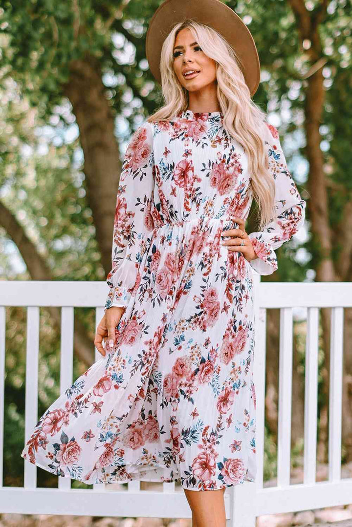 Floral Mock Neck Flounce Sleeve Midi Dress | 1mrk.com