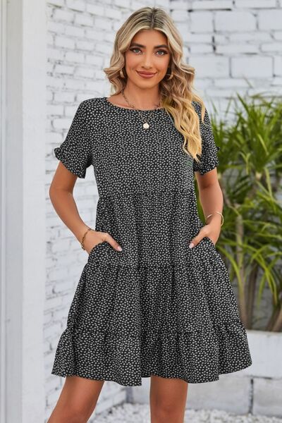 Polka Dot Round Neck Tiered Dress |1mrk.com