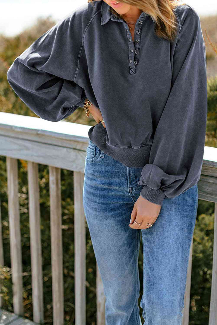 Quarter-Snap Collared Lantern Sleeve Sweatshirt |1mrk.com