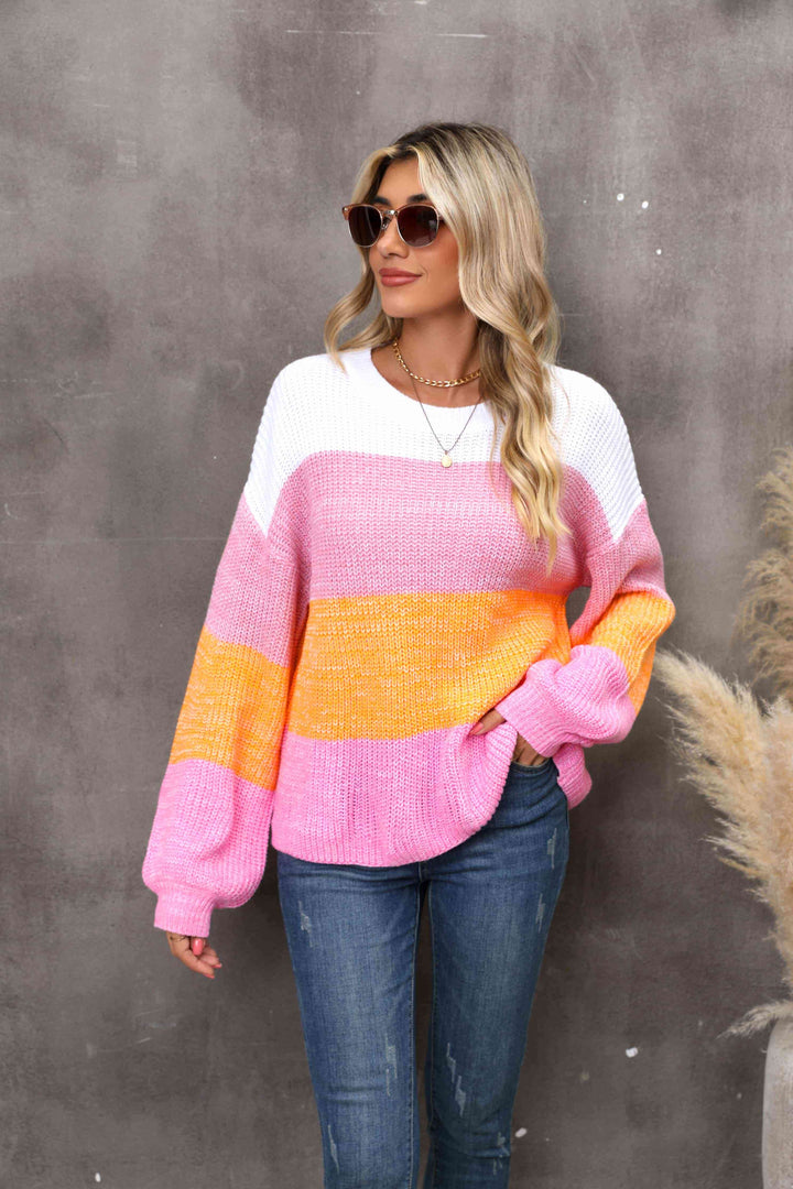 Color Block Round Neck Dropped Shoulder Sweater |1mrk.com