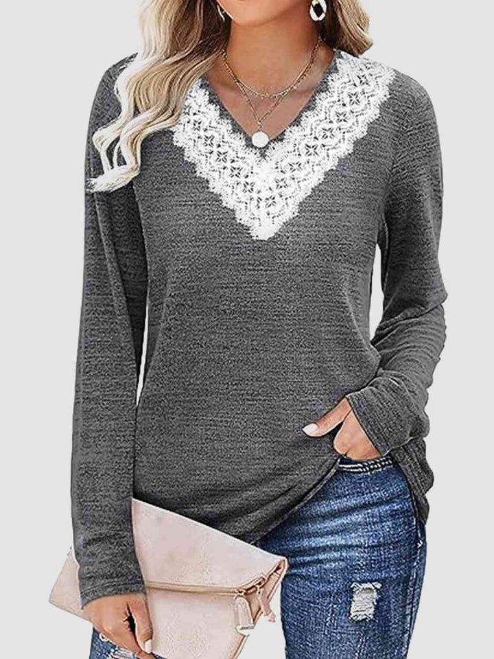 Lace Detail V-Neck Long Sleeve Top | 1mrk.com