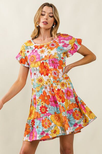 BiBi Floral Short Sleeve Tiered Dress |1mrk.com
