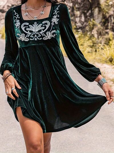 Printed Square Neck Long Sleeve Mini Dress |1mrk.com