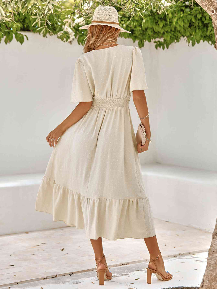 Swiss Dot V-Neck Ruffle Hem Dress |1mrk.com