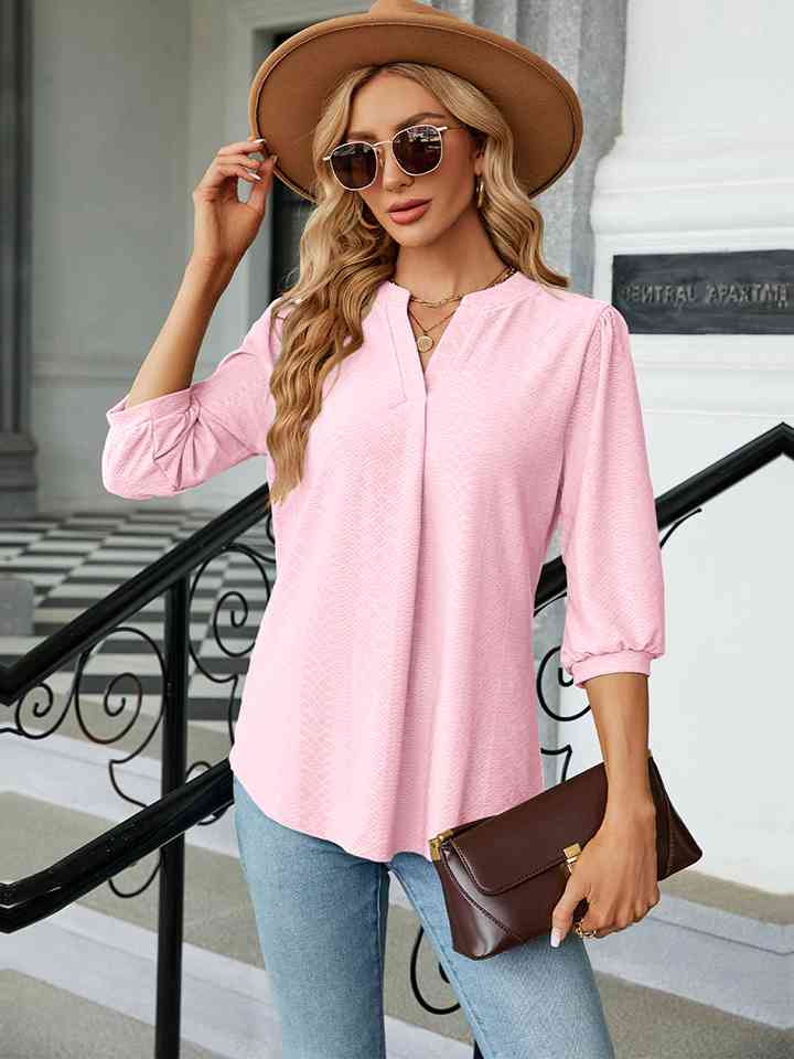 Notched Neck Three-Quarter Sleeve Blouse | 1mrk.com