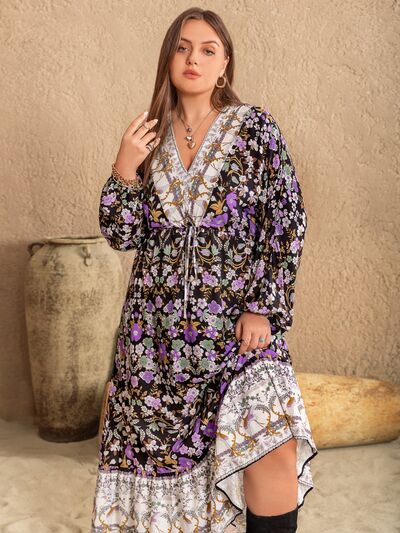 Plus Size V-Neck Balloon Sleeve Printed Midi Dress |1mrk.com