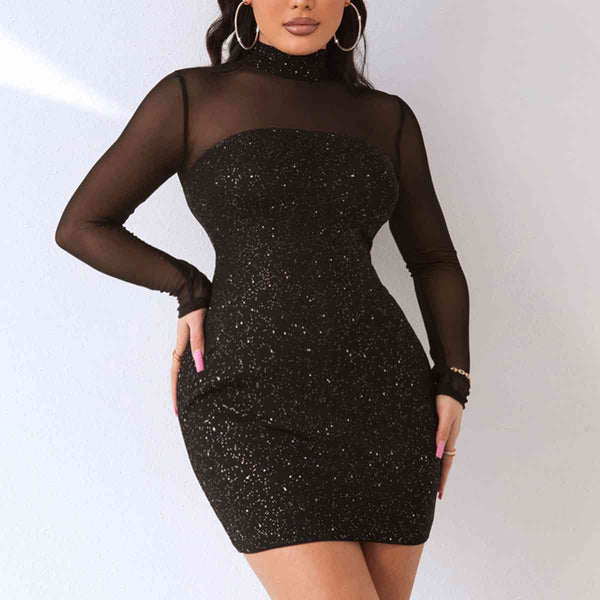 Sequin Mock Neck Mesh Dress | 1mrk.com