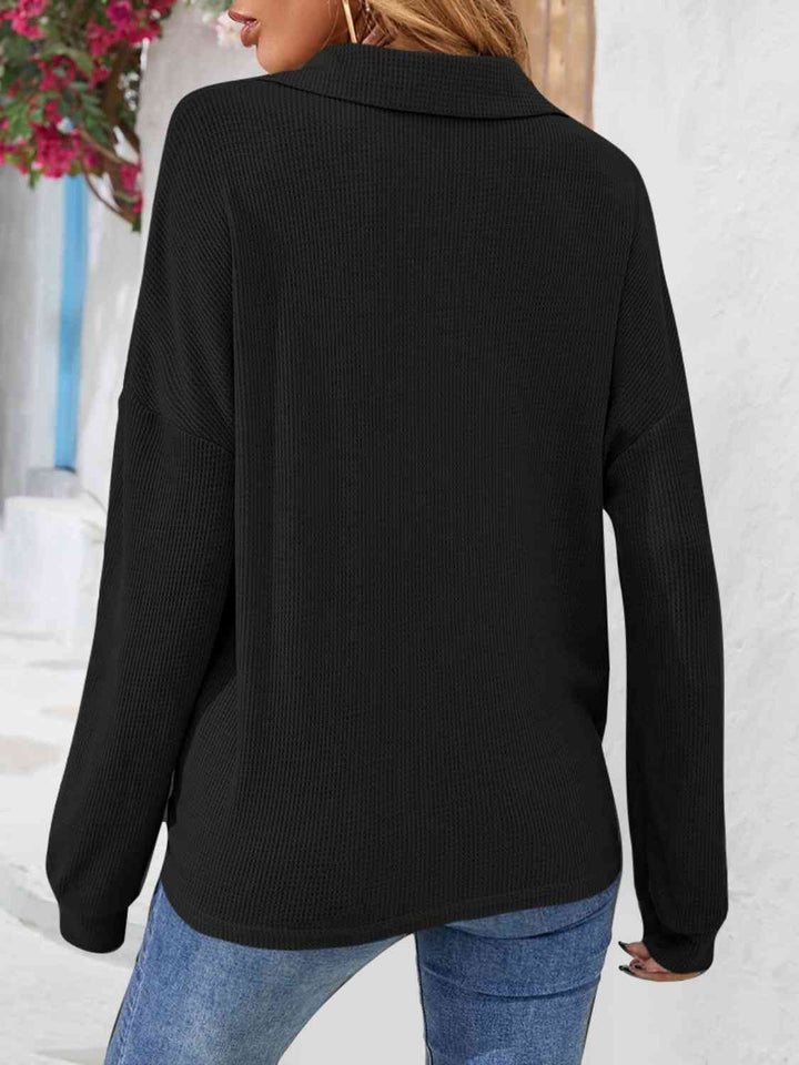 Half Button Collared Neck Long Sleeve Top | 1mrk.com