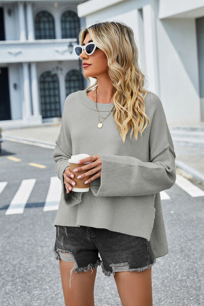 High-Low Slit Round Neck Long Sleeve Sweater | Trendsi