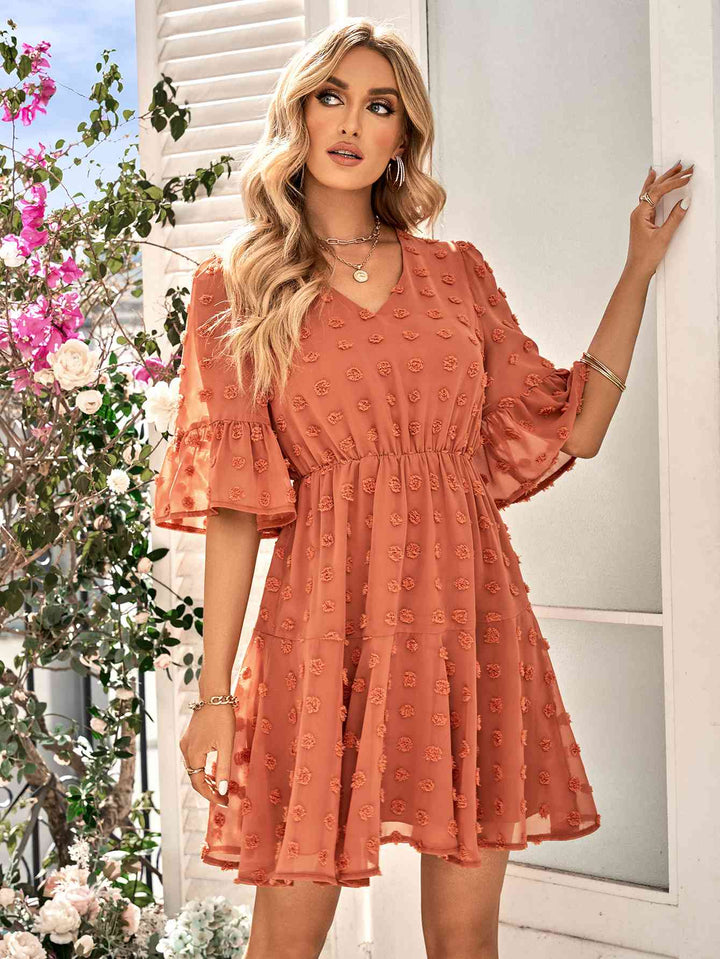 Swiss Dot Flounce Sleeve V-Neck Dress |1mrk.com