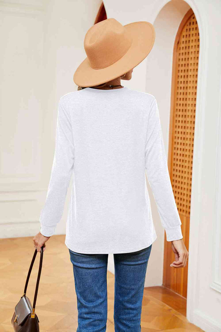 Buttoned Notched Neck Long Sleeve Top | 1mrk.com