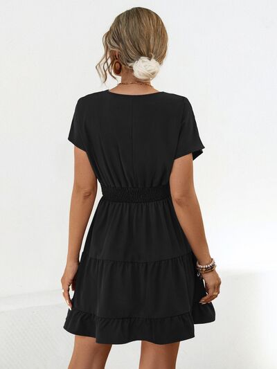 Ruffled Smocked V-Neck Tiered Dress |1mrk.com