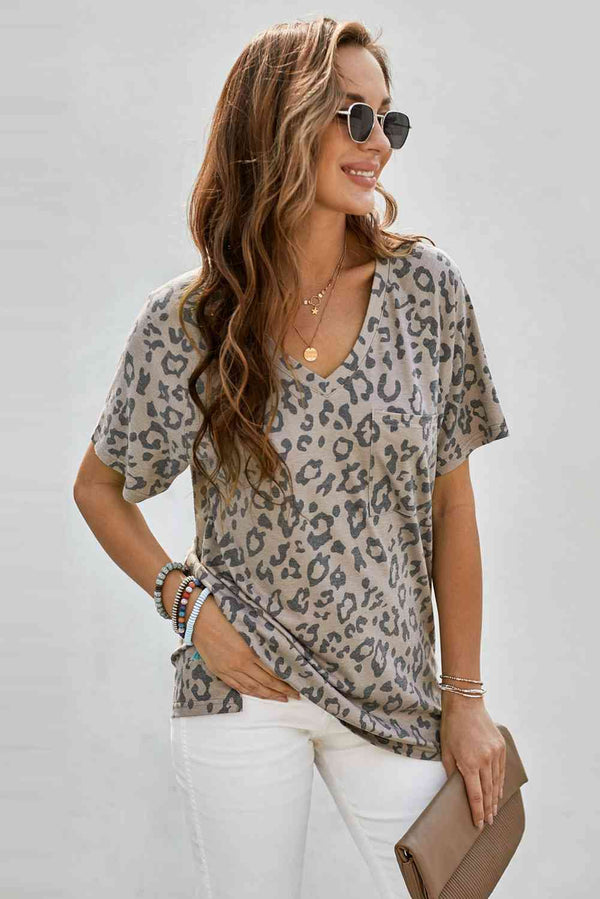 Leopard V-Neck Tee with Pocket | 1mrk.com