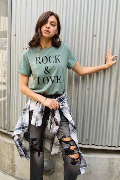 Simply Love Full Size ROCK ＆ LOVE Short Sleeve T-Shirt | Trendsi