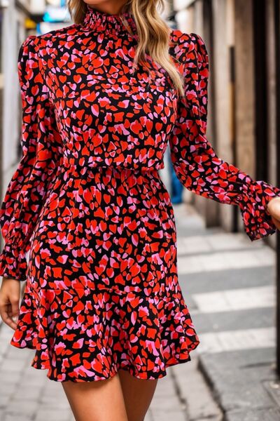 Heart Printed Mock Neck Flounce Sleeve Dress |1mrk.com