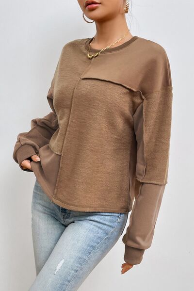 Exposed Seam Round Neck Long Sleeve Sweatshirt |1mrk.com