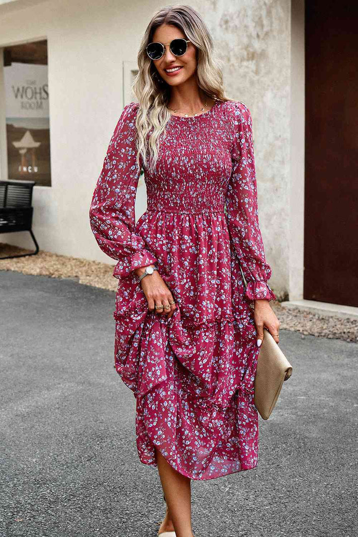 Smocked Flounce Sleeve Midi Dress | 1mrk.com