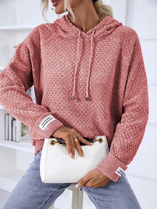 Texture Drawstring Long Sleeve Hooded Sweater | 1mrk.com