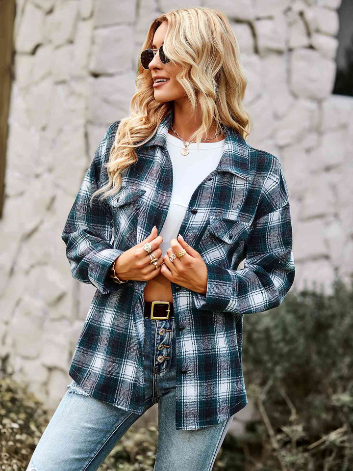 Plaid Button Front Curved Hem Shirt Jacket |1mrk.com