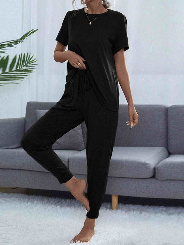 Round Neck Short Sleeve Top and Pants Set | 1mrk.com