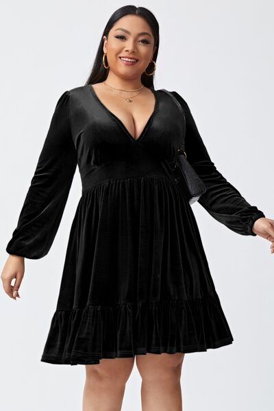 Plus Size Plunge Long Sleeve Mini Dress |1mrk.com