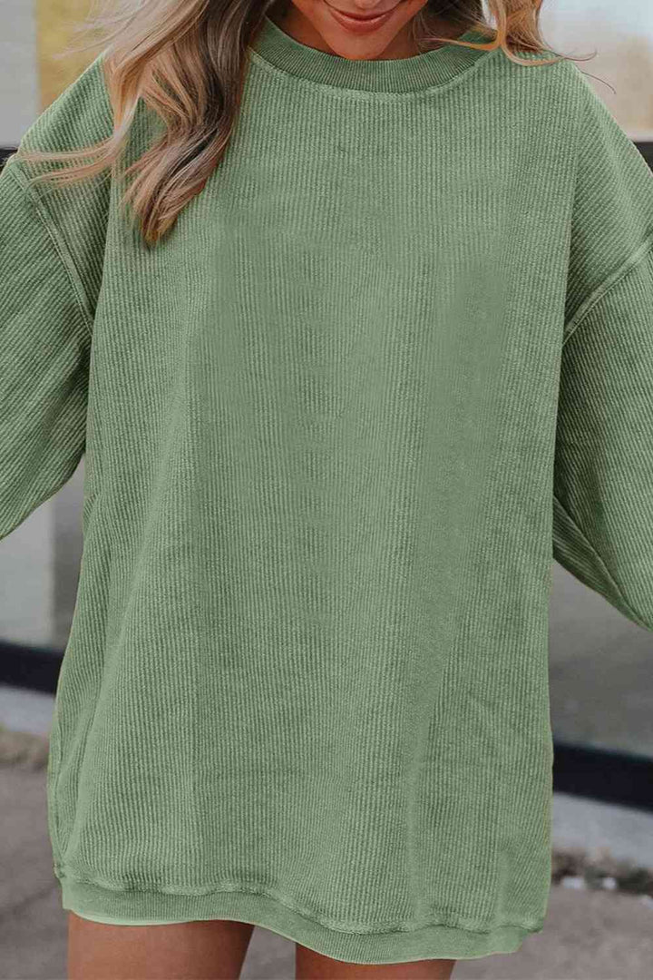 Ribbed Round Neck Drop Shoulder Sweatshirt |1mrk.com