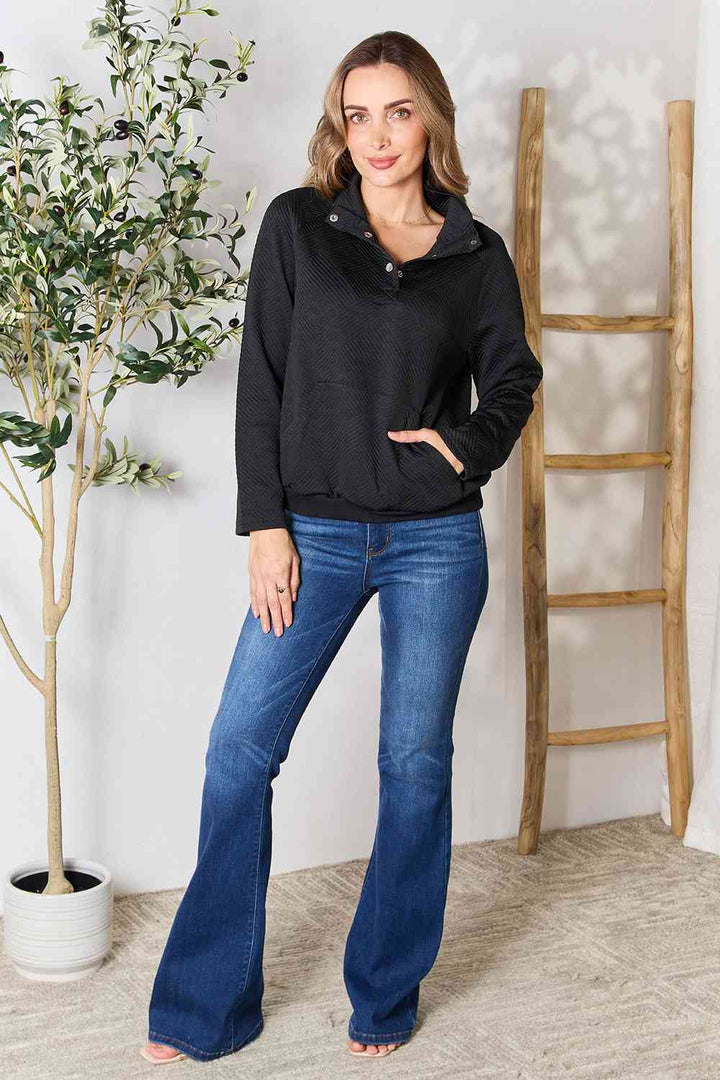 Double Take Half Buttoned Collared Neck Sweatshirt with Pocket |1mrk.com