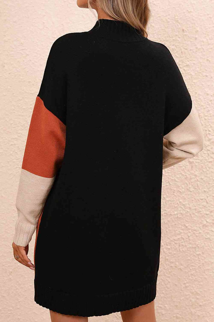 Color Block Mock Neck Dropped Shoulder Sweater Dress | 1mrk.com