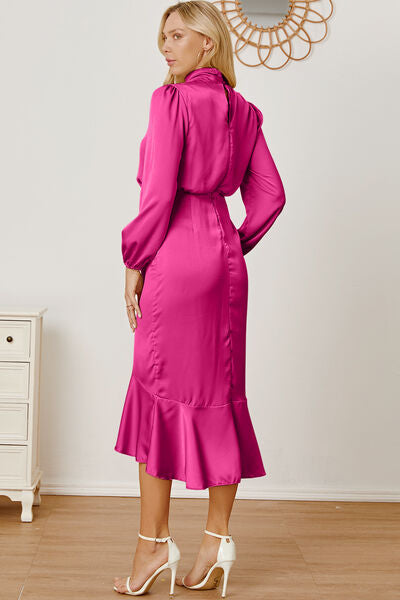 Mock Neck Ruffled Asymmetrical Dress |1mrk.com