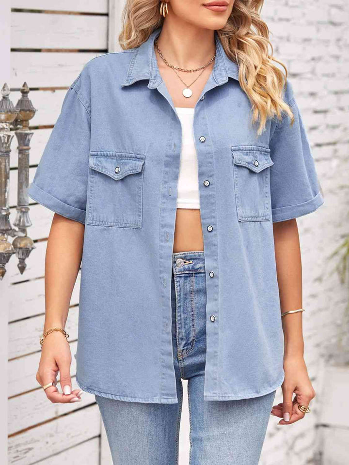 Collared Neck Short Sleeve Denim Jacket | 1mrk.com