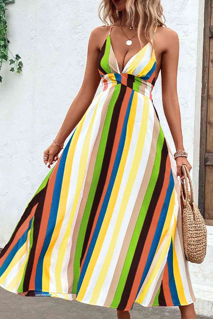 Multicolored Stripe Crisscross Backless Dress |1mrk.com