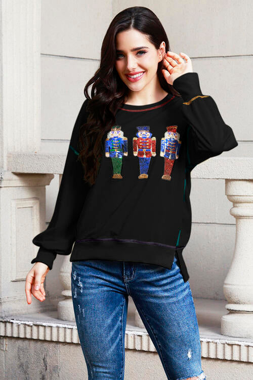 Sequin Nutcracker Round Neck Slit Sweatshirt |1mrk.com