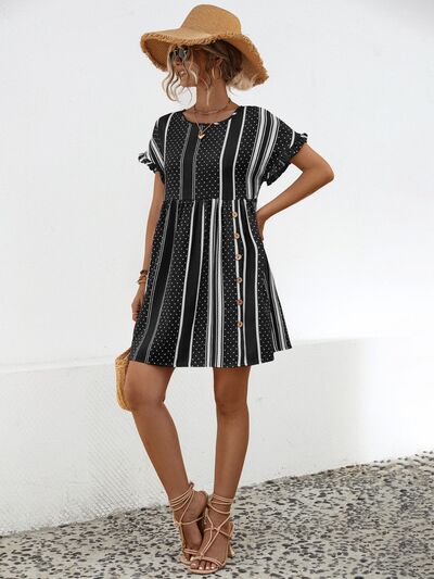 Striped Polka Dot Frill Short Sleeve Mini Dress |1mrk.com